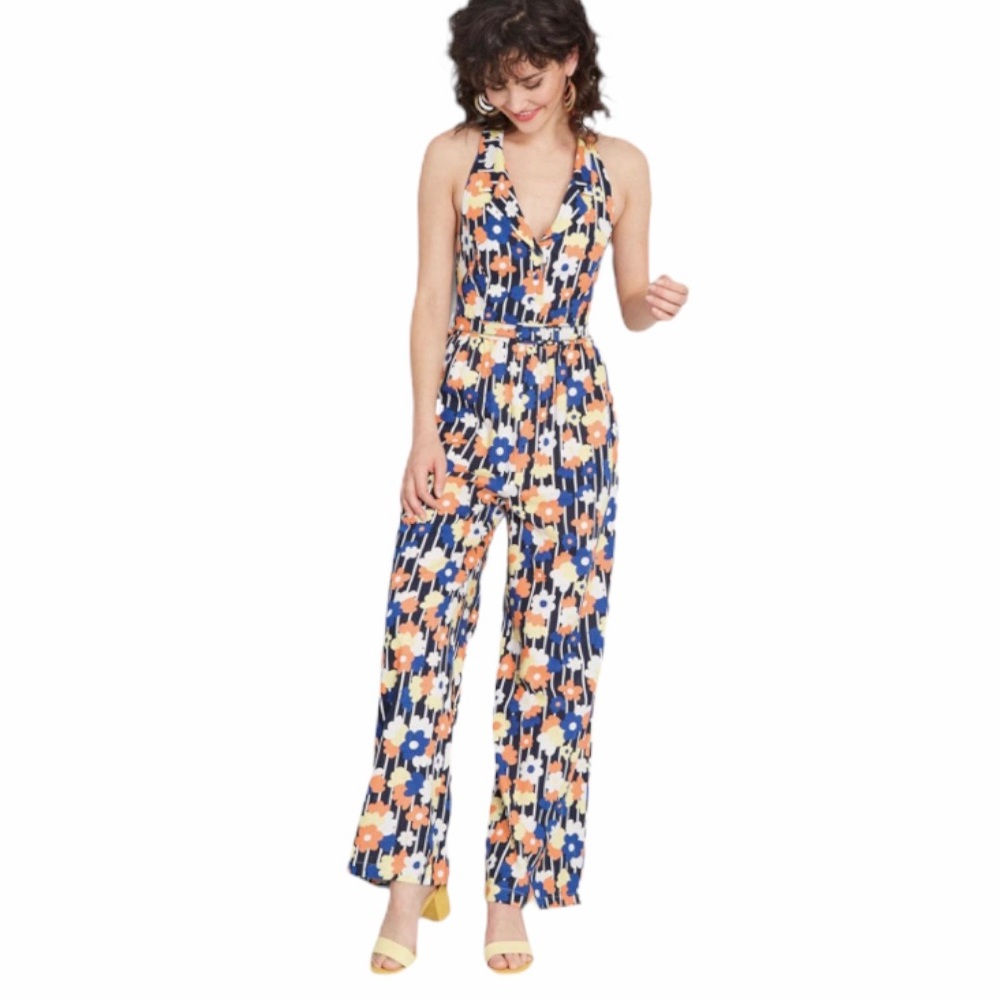 Modcloth Linen Retro Floral Jumpsuit Halter M Belt